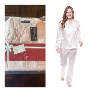 NEW Women's Pink Satin Pajama Set with White Trim